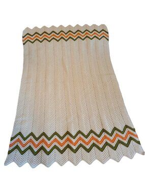 Vintage 70s Chevron Crochet Knit Afghan Throw Blanket Ivory White Green & Orange